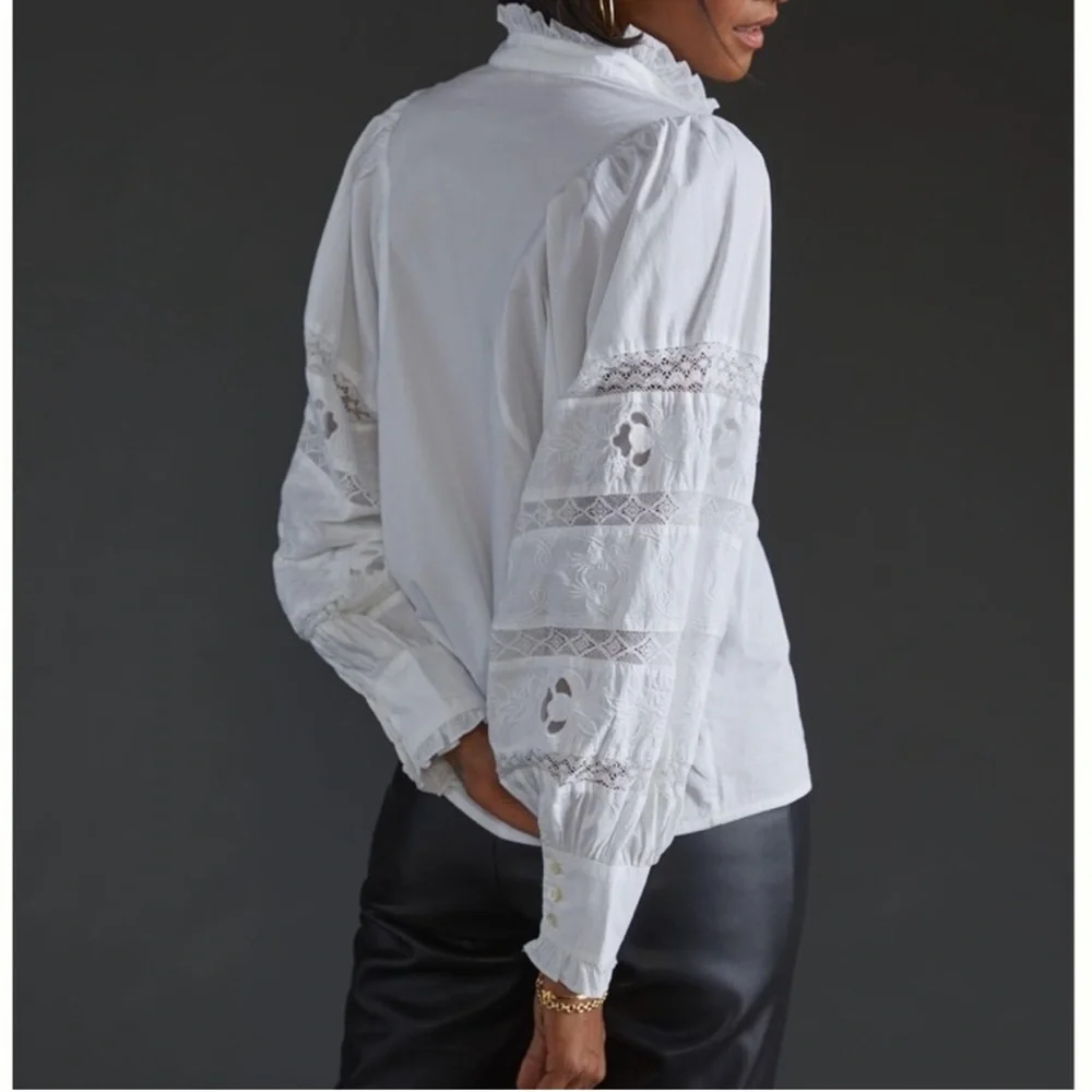 Anthropologie Love The Label Puff-Sleeved Lace Buttondown - Picture 2 of 15